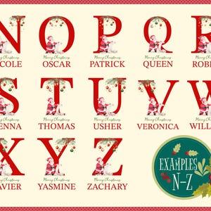 May include: Red alphabet letters with a Christmas theme. Each letter has a Santa Claus character and a white animal. The letters are N, O, P, Q, R, S, T, U, V, W, X, Y, and Z. The letters are decorated with green pine branches, red berries, and gold ornaments. The letters are on a white background with red polka dots.