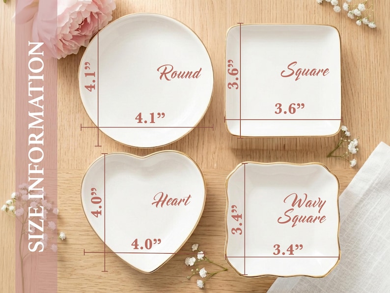 May include: Four white ceramic trinket dishes with gold rims in round, square, heart, and wavy square shapes. Text labels indicate dimensions: round is 4.1 inches, square is 3.6 inches, heart is 4.0 inches, and wavy square is 3.4 inches.