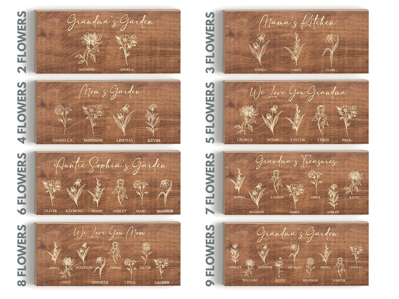 Puede incluir: Un conjunto de ocho letreros de madera con dise&ntilde;os florales dorados y nombres. Los letreros presentan las frases "Grandma's Garden", "Mom's Garden", "Auntie Sophia's Garden", "We Love You Mom", "Mama's Kitchen", "We Love You Grandma", "Grandmama's Treasures" y "Grandma's Garden".