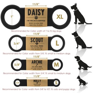 May include: Four different sizes of black and gold dog ID tags with a loop for attaching to a collar. The tags have the dog's name, phone number, and other information. The tags are shown with silhouettes of dogs of different sizes.