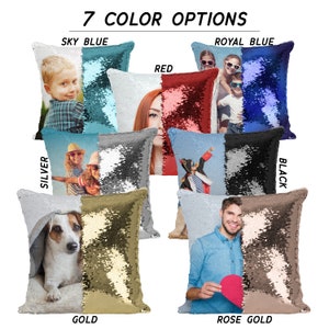 May include: Seven color options for a reversible sequin pillow. The pillow is split down the middle with a different color on each side. The colors are sky blue, royal blue, red, silver, black, gold, and rose gold.