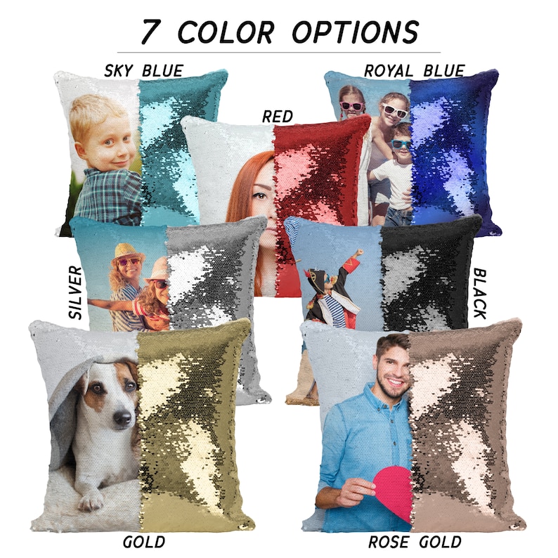 May include: Seven color options for a reversible sequin pillow. The pillow is split down the middle with a different color on each side. The colors are sky blue, royal blue, red, silver, black, gold, and rose gold.