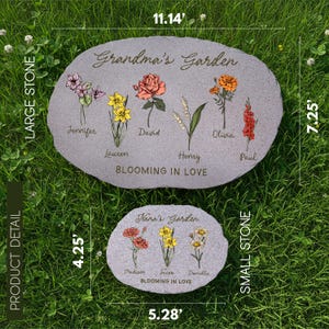May include: Two gray stone garden markers. The larger stone is 11.14 inches wide and 7.25 inches tall, with the text "Grandma's Garden" and names with flower illustrations. The smaller stone is 5.28 inches wide and 4.25 inches tall, with the text "Nana's Garden".