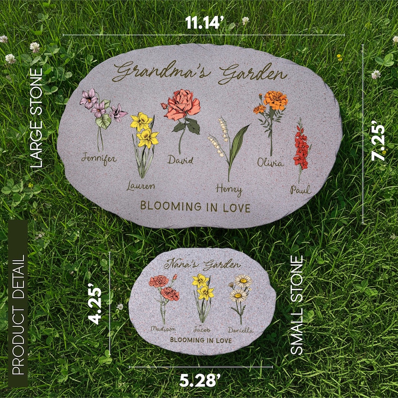 May include: Two gray stone garden markers. The larger stone is 11.14 inches wide and 7.25 inches tall, with the text "Grandma's Garden" and names with flower illustrations. The smaller stone is 5.28 inches wide and 4.25 inches tall, with the text "Nana's Garden".