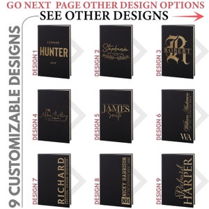 May include: Nine customizable notebook cover designs with gold lettering on a black background. The designs feature names, initials, and quotes.  The designs are numbered 1 through 9.