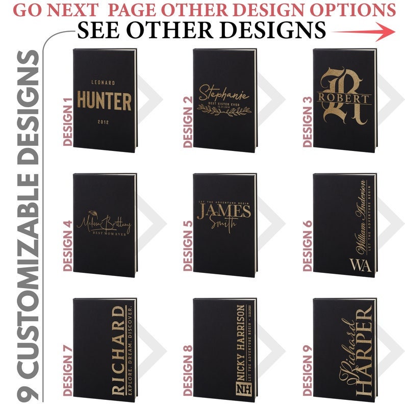 May include: Nine customizable notebook cover designs with gold lettering on a black background. The designs feature names, initials, and quotes.  The designs are numbered 1 through 9.
