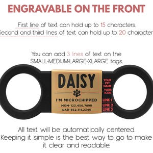 May include: A black and gold dog tag with the text "DAISY" engraved on it. The tag also includes the text "I'M MICROCHIPPED" and space for the pet's name, icon, and phone numbers. The tag is designed to be engraved with up to 3 lines of text.