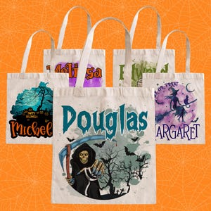 May include: Five white canvas tote bags with Halloween-themed designs. The bags feature different illustrations, including a witch on a broomstick, a spooky forest scene, and a grim reaper. Each bag has a name printed on it: Michel, Douglas, Margaret, Molisa, and Imelda.