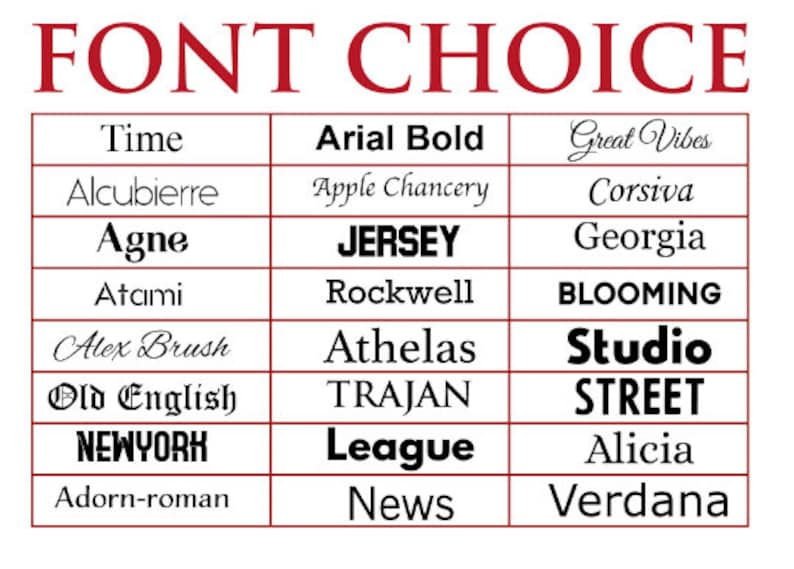 Puede incluir: Un gr&aacute;fico con el encabezado "FONT CHOICE" y una lista de diferentes nombres de fuentes en tres columnas. La primera columna est&aacute; etiquetada como "Time", la segunda columna est&aacute; etiquetada como "Arial Bold" y la tercera columna est&aacute; etiquetada como "Great Vibes".