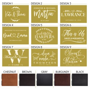 May include: Nine different designs for a personalized guest book with various fonts and layouts. The designs feature names, dates, and phrases like "Welcome to our forever" and "This is Us". The guest books are available in chestnut, brown, gray, burgundy, and black.