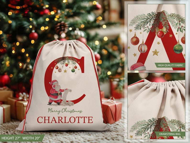 May include: A personalized Christmas gift bag with a red letter C, a Santa Claus illustration, and the text "Merry Christmas CHARLOTTE". The bag is made of natural canvas fabric with a drawstring closure. The bag is 27 inches tall and 20 inches wide.