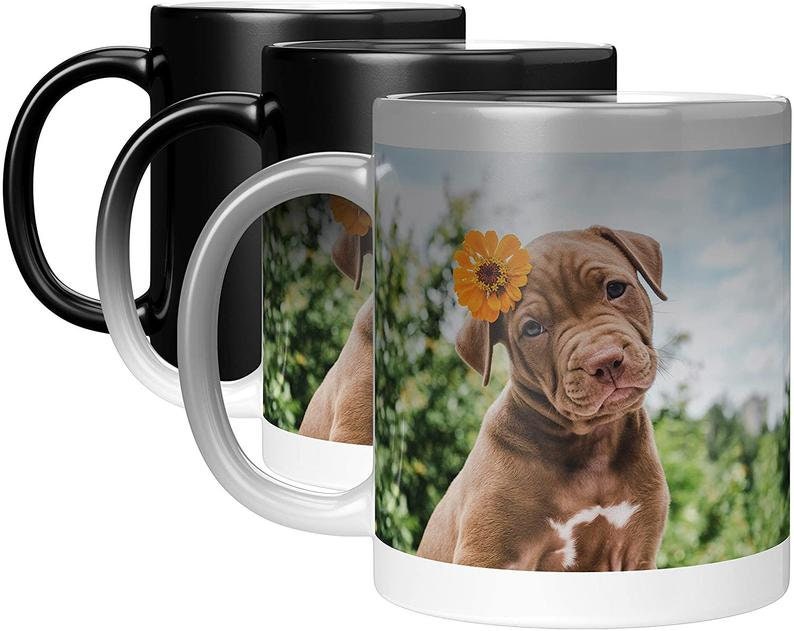 Puede incluir: Una taza de caf&eacute; de cer&aacute;mica blanca con un asa negra. La taza tiene un dise&ntilde;o que cambia de color que revela un cachorro marr&oacute;n con una flor amarilla en la cabeza cuando se vierte l&iacute;quido caliente en la taza.