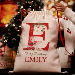 May include: White Christmas gift bag with a red letter E, a cartoon Santa Claus, and the text "Merry Christmas Emily".