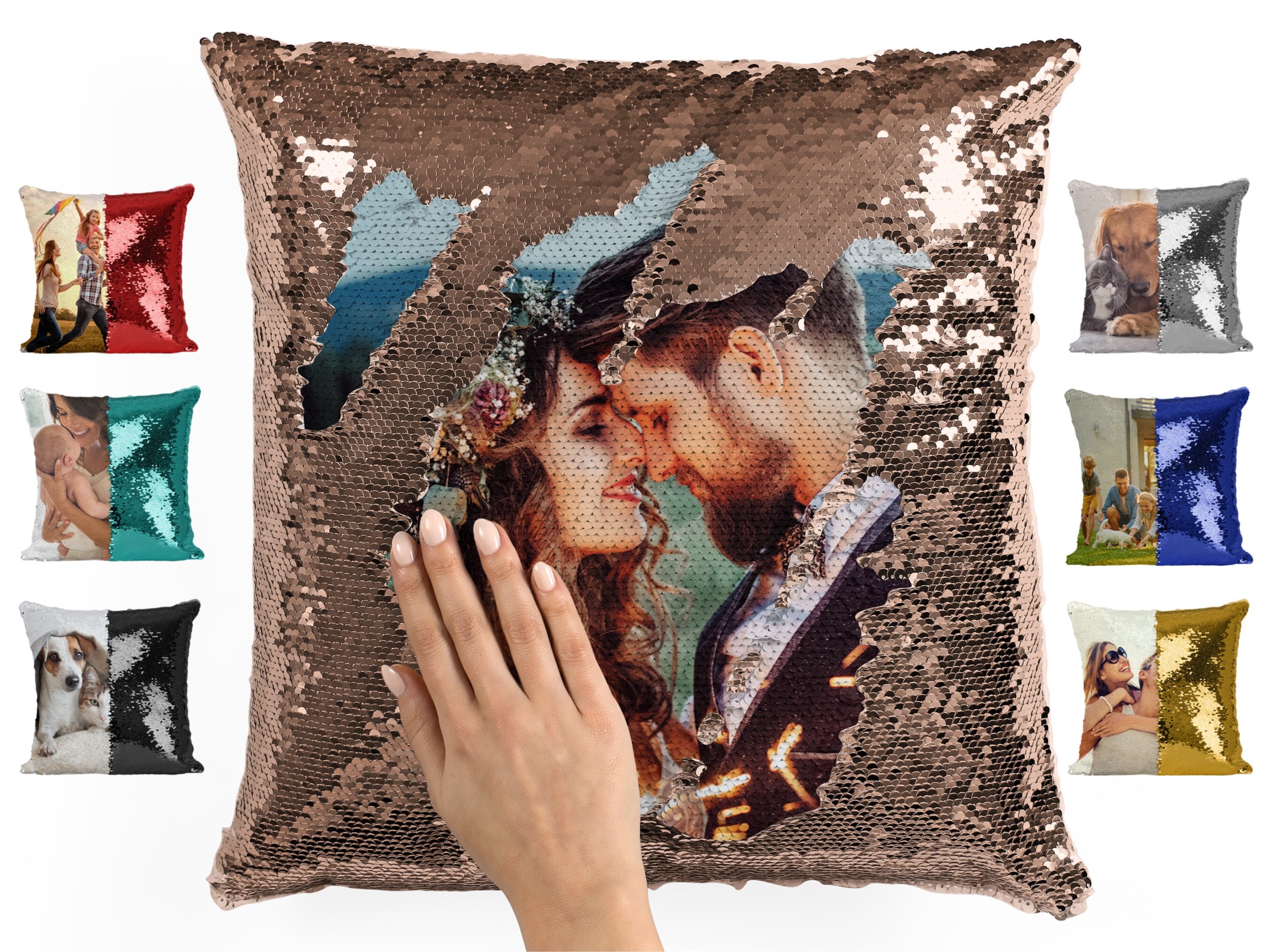  VEELU Custom Photo Sequin Pillow Case and Insert- Silver  Personalized Mermaid Magic Reversible Sequin Pillow with Picture  Personalized Gifts Home Decorative Cushion Cover : Home & Kitchen