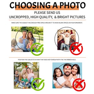 May include: A guide with two examples of how to take a photo for a personalized ornament. The first example shows a family of four sitting in a park, with a green checkmark indicating the photo is good. The second example shows a family of four sitting close together, with a red X indicating the photo is not good. The text below the examples says "Position the subjects in a way that does not overlap with the ribbon hole."