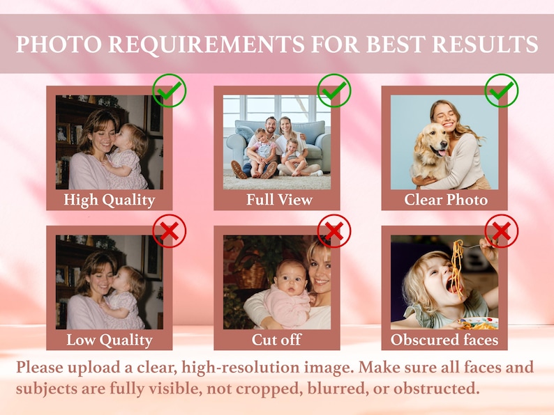 May include: An informational graphic titled PHOTO REQUIREMENTS FOR BEST RESULTS with six square image examples. The top row shows three examples marked with green checkmarks, while the bottom row shows three examples marked with red X symbols.