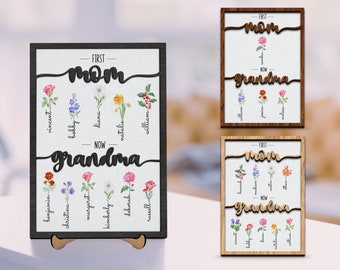 Personalized Flower Birth Month Garden Wooden Sign Frame, First Mom Now Grandma Sign, Gift for Mom Gift for Grandma With Kids Names