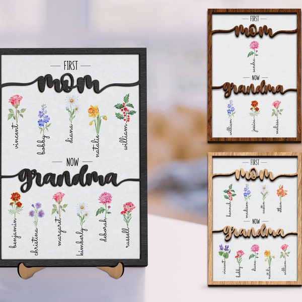 Personalized Flower Birth Month Garden Wooden Sign Frame, First Mom Now Grandma Sign, Gift for Mom Gift for Grandma With Kids Names