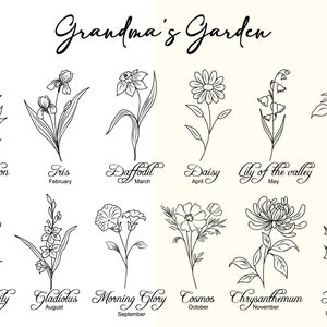 Puede incluir: Una ilustraci&oacute;n en blanco y negro de un calendario de flores. Cada mes del a&ntilde;o est&aacute; representado por una flor diferente. Las flores est&aacute;n etiquetadas con sus nombres y el mes en que florecen. El texto dice "Grandma's Garden".