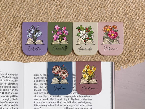 Name Magnetic Bookmark, Personalized Leather Bookmark with Birth Flower, Custom Birth Flower Bookmarks Book Lover Gifts for Her