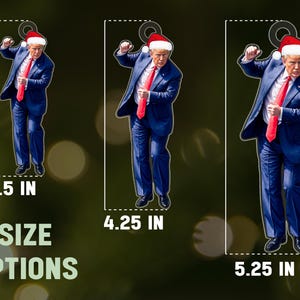 May include: Three sizes of a Christmas ornament featuring a person wearing a red Santa hat and a blue suit. The ornament is 3.5 inches, 4.25 inches, and 5.25 inches.