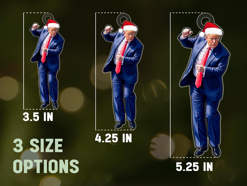 May include: Three sizes of a Christmas ornament featuring a person wearing a red Santa hat and a blue suit. The ornament is 3.5 inches, 4.25 inches, and 5.25 inches.