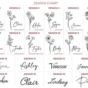 May include: A design chart featuring 20 floral illustrations with names and birth month flowers. Each design includes a name in elegant script and a corresponding flower illustration, such as a carnation or daffodil.