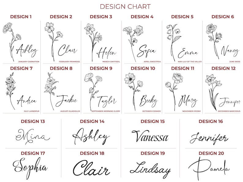 May include: A design chart featuring 20 floral illustrations with names and birth month flowers. Each design includes a name in elegant script and a corresponding flower illustration, such as a carnation or daffodil.