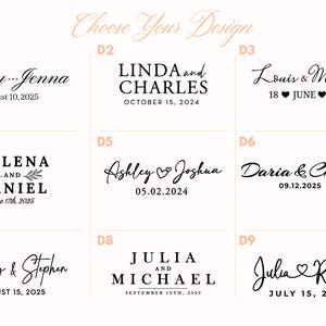 K&ouml;nnte beinhalten: Eine Designauswahl f&uuml;r Hochzeitseinladungen mit neun verschiedenen Optionen. Jedes Design zeigt Namen und Daten in stilvollen Schriftarten. Beispiele sind Ricky & Jenna, Linda & Charles und Julia & Ronald, mit Daten wie dem 10. August 2025 und dem 15. Juli 2025.