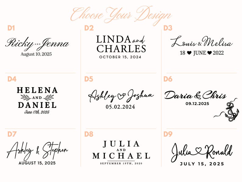 K&ouml;nnte beinhalten: Eine Designauswahl f&uuml;r Hochzeitseinladungen mit neun verschiedenen Optionen. Jedes Design zeigt Namen und Daten in stilvollen Schriftarten. Beispiele sind Ricky & Jenna, Linda & Charles und Julia & Ronald, mit Daten wie dem 10. August 2025 und dem 15. Juli 2025.