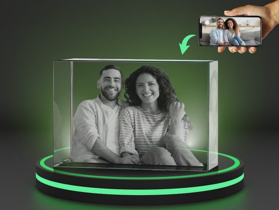 Personalized 3D Crystal Photo Brick w/Light Base, Wedding Couple Gifts, Custom Glass Laser Etched & Engraved Photo