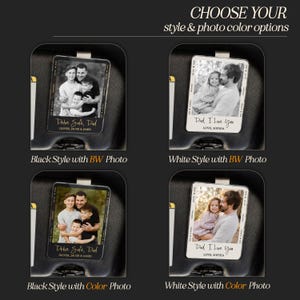 May include: A product display featuring four personalized photo keychains. The keychains are shown in black and white or color photos, with black or white frames. Text on the keychains reads "Drive Safe, Dad" and "Dad, I Love You."