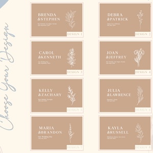Puede incluir: Ocho tarjetas de dise&ntilde;o de boda con nombres y fechas, cada una con una ilustraci&oacute;n floral diferente. Las tarjetas est&aacute;n en una paleta de colores neutros con el texto "Choose Your Design" en la esquina superior izquierda.