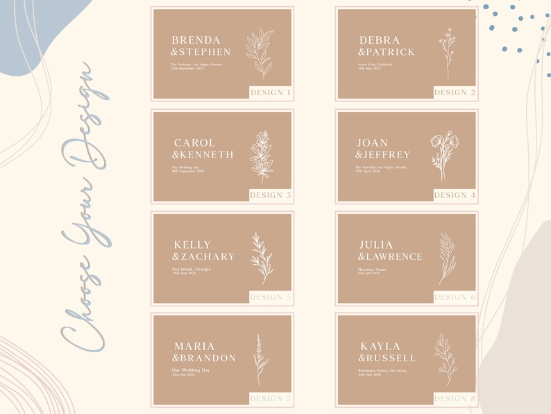 Puede incluir: Ocho tarjetas de dise&ntilde;o de boda con nombres y fechas, cada una con una ilustraci&oacute;n floral diferente. Las tarjetas est&aacute;n en una paleta de colores neutros con el texto "Choose Your Design" en la esquina superior izquierda.