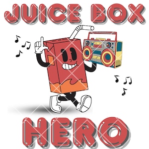 May include: A cartoon illustration of a juice box character holding a boombox and dancing. The juice box is red and orange with a straw sticking out of the top. The boombox is yellow, blue, and red. The text "JUICE BOX HERO" is written in red letters at the top and bottom of the image.