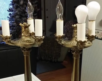 Vintage Hollywood Regency Brass Metal Candelabra Table Lamps Mid Century set finials