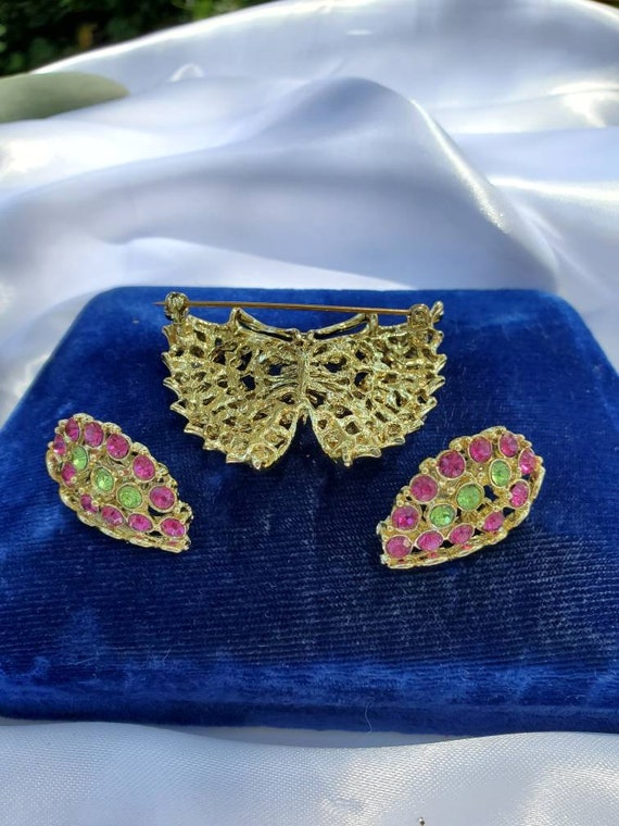 Vintage Green and Pink Butterfly Brooch and clip … - image 3