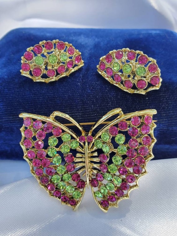 Vintage Green and Pink Butterfly Brooch and clip … - image 1