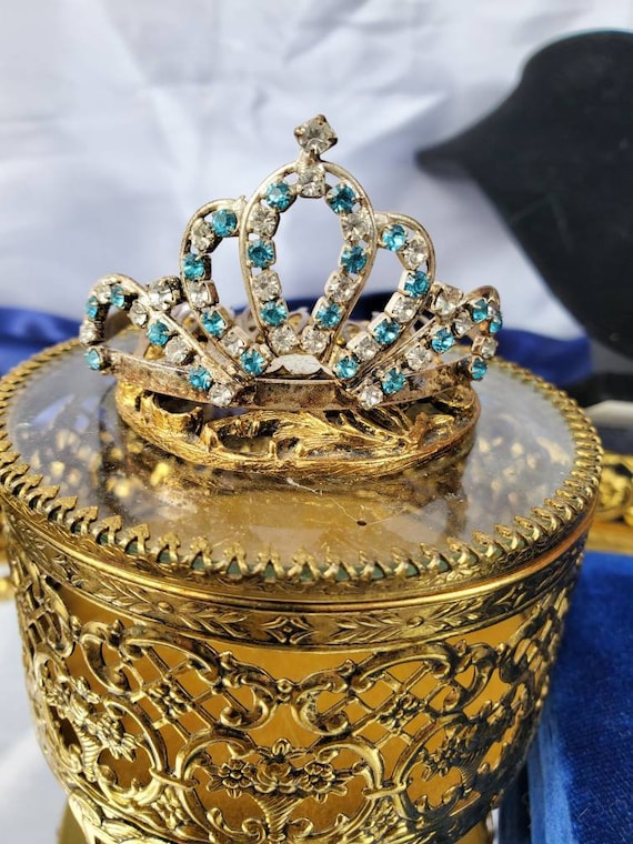 Vintage Tiara Comb, Auquamarine Rhinestone Tiara,