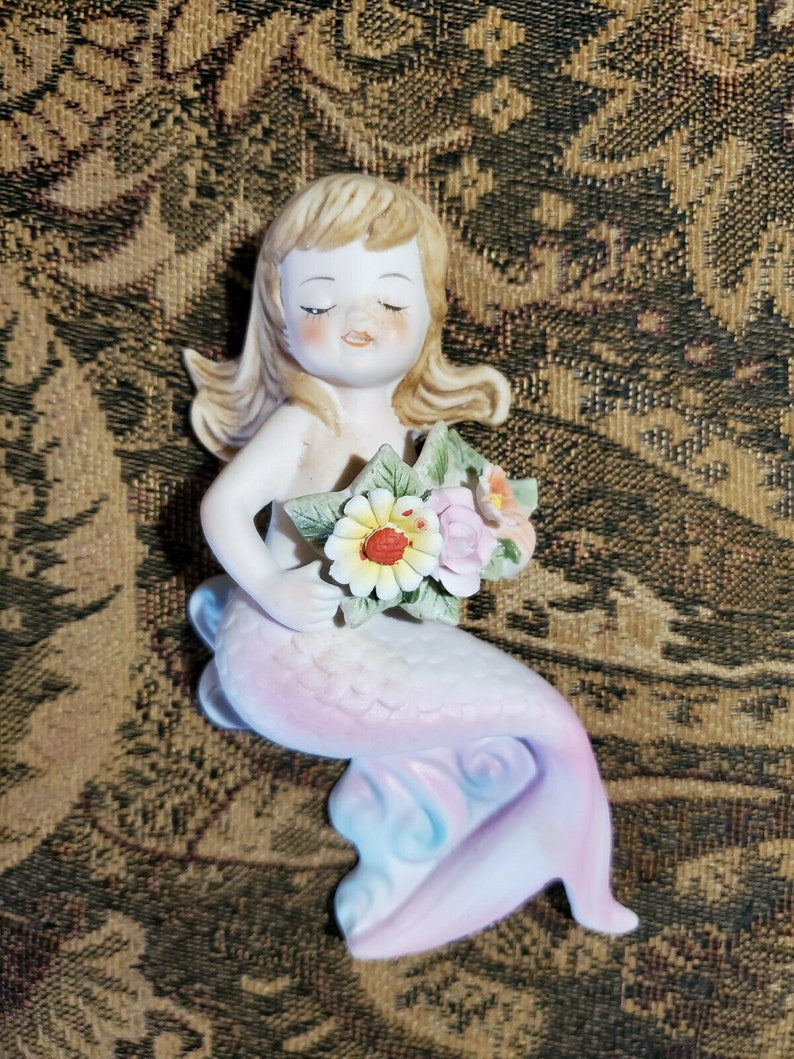 Vintage Lefton Mermaid Ceramic Bisque Wall Plaque Figurine Etsy