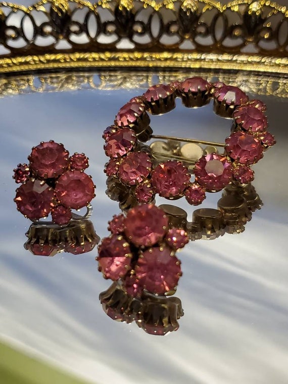 Vintage Pink Brooch and Earrings Demi Set - image 2