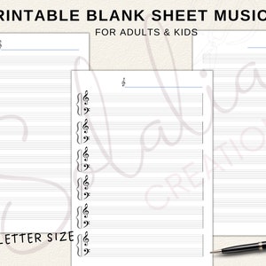 Printable Blank Music Sheet A4, Letter Size PDF for Kids & Adults Piano Lessons image 2