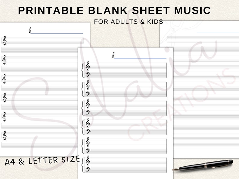 Printable Blank Music Sheet A4, Letter Size PDF for Kids & Adults Piano Lessons image 2