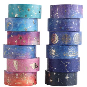 Gilded Celestial Washi Tape Set of 12 Night Sky Patterns -  15mmx2m, Shimmery Stars, Galaxies, Constellations, Planets