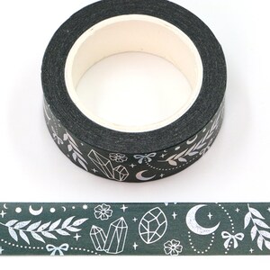 Silver on Dark Green Boho Celestial Washi Tape - 15mm x 10m