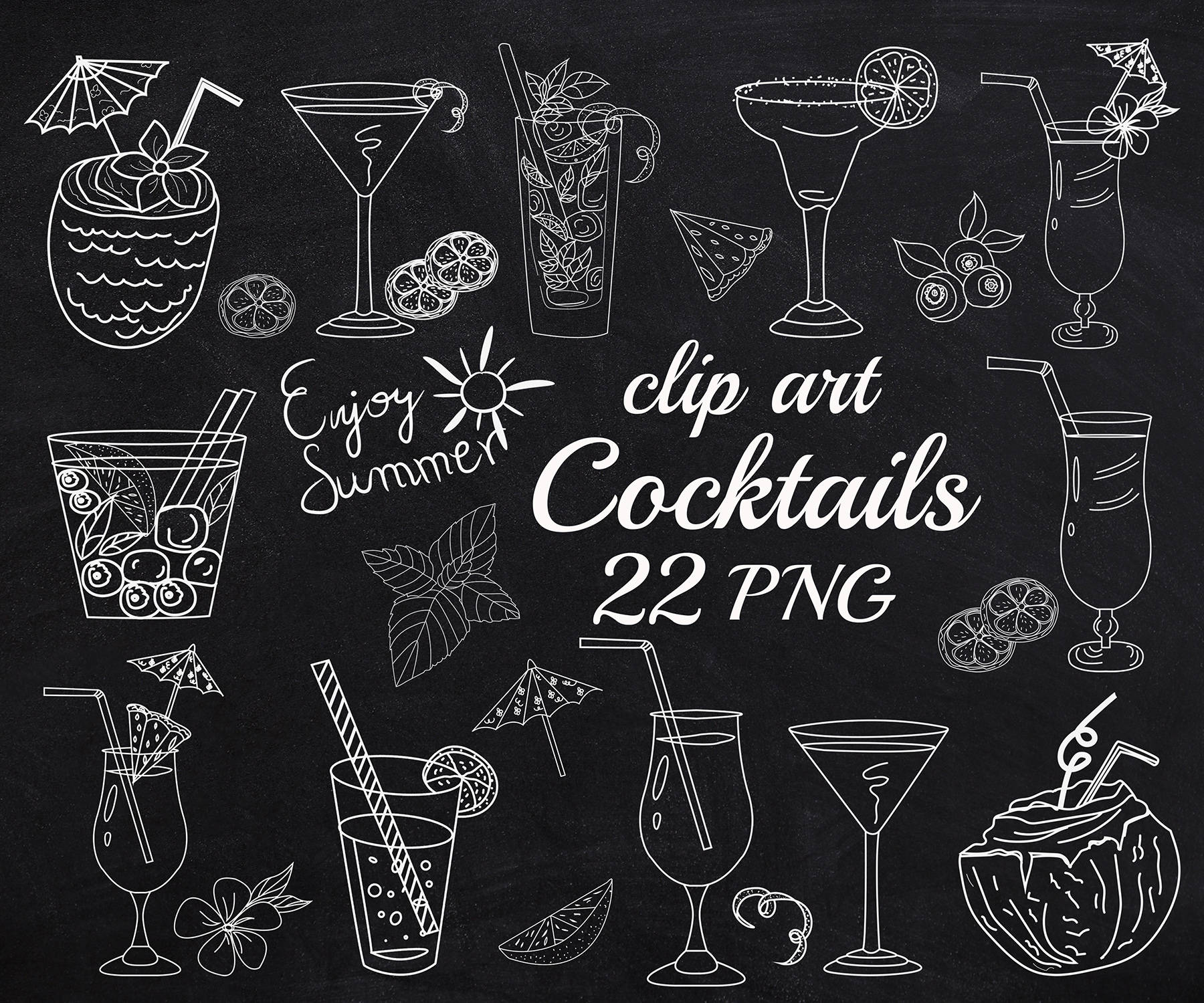Chalkboard doodle cocktails clipart | Etsy