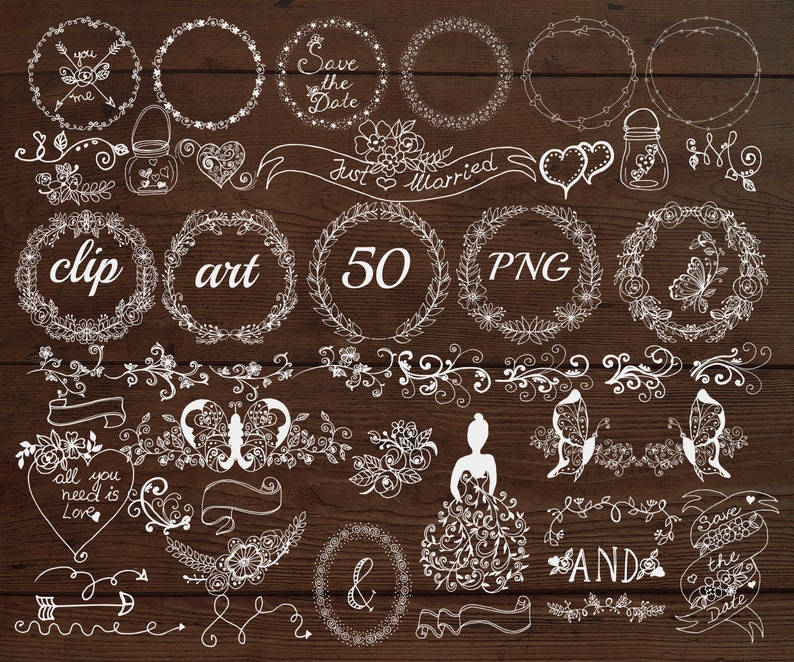 CHALK WREATHS Doodle clipart,Chalkboard Floral,White clipart,Rustic clipart,DIY wedding,Invitation clipart Chalkboard Wedding Clipart