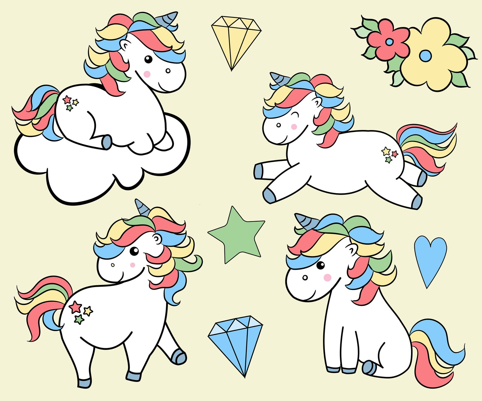 Einhörner Clipart: KAWAII Einhörner Einhörner | Etsy