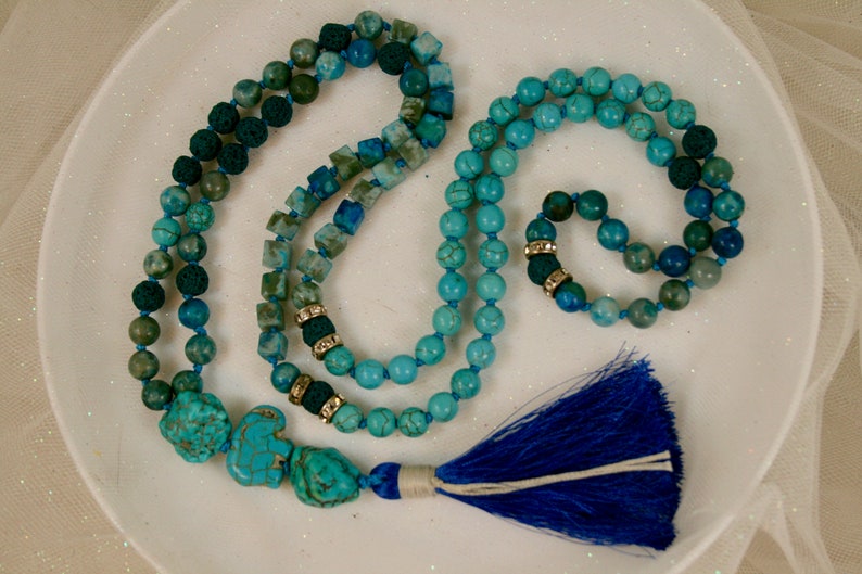 Turquoise Elephant Spirit Mala Bead Necklace 108 Hand Knotted Turquoise and Jasper Mala Beads Lava Stone and Turquoise Mala Beads