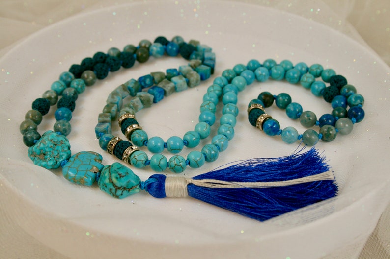 Turquoise Elephant Spirit Mala Bead Necklace 108 Hand Knotted Turquoise and Jasper Mala Beads Lava Stone and Turquoise Mala Beads